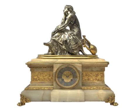 19th century gilt metal and alabaster figural mantel clock, surmounted by a silvered model of Sappho after Schoenewerk, silve