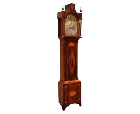 Early 19th century inlaid mahogany longcase clock with 48cm silvered arched dial with calendar aperture, signed John Hall Bev