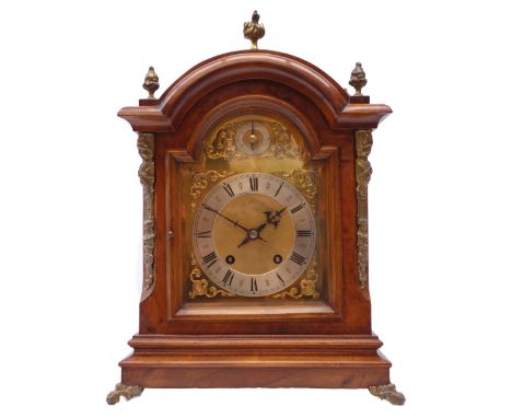 Victorian figured walnut arched top bracket clock, brass dial with silvered Roman chapter and slow/fast dial, twin train move