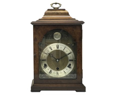 18th century style figured walnut chiming bracket clock retailed by Asprey, caddy top case with brass dial and silvered Roman