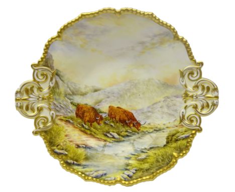 Royal Worcester two handled dish painted with Highland Cattle, painted by Kenneth Yates after Harry Stinton, c2005 L35.5cm Co