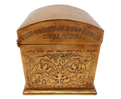 William Henry Mawson for Keswick Home Industries embossed copper tea caddy, domed lid inscribed This Casket of Dead Leaves Sh