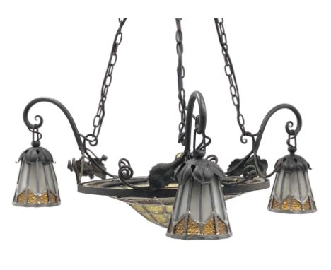 Art Nouveau style wrought metal ceiling light fitting, dome leaded glass central shade, three scroll branches decorated with 