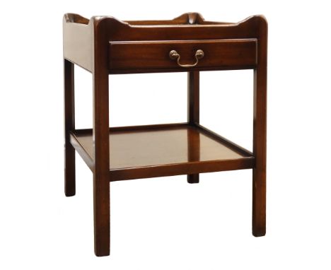 George lll style mahogany two-tier lamp table by G T Rackstraw, tray top with single drawer on square supports joined by a ga