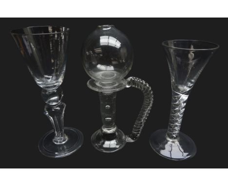 Air twist stem wine glass with trumpet on domed foot, H15.5cm, wine goblet with pointed round funnel bowl above ball knop and