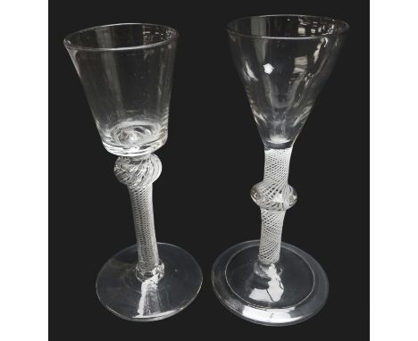 Georgian wine glass, bucket shaped bowl above a knopped air twist stem on conical foot, H15.5cm and another, pan-top bowl abo