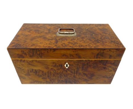 George III burr yew rectangular tea caddy, plated loop handle, boxwood strung with matching interior canisters & later Willia