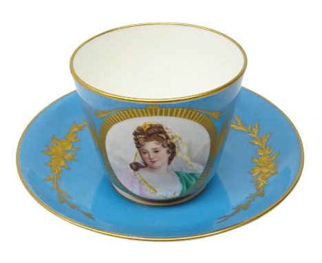 19th century Sevres cup and saucer painted with a portrait of Empress Marie-Louise on gilded celestial blue ground  Condition