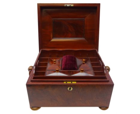 19th century mahogany work box, cushion moulded cover enclosing a lift-out tray fitted with central velvet covered pin cushio