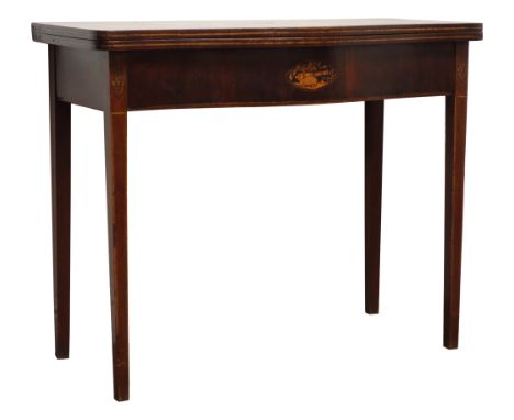 George lll mahogany serpentine front folding tea table, inlaid with specimen wood roundel, Trafalgar cannon and stringing, sq