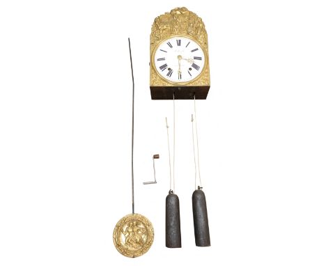 French Comtoise wall clock, convex white Roman dial inscribed Ardin Fils, a Pierre, the pressed brass surround and pendulum r