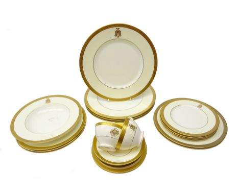 Mintons Winchester Kings pattern part dinner and tea wares decorated in gilt with the Commonwealth Parliament Coat of Arms, c