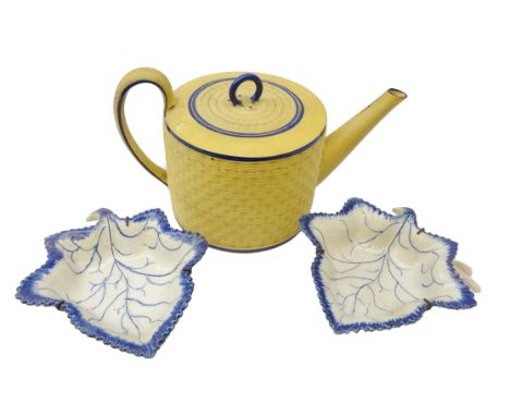 Caneware teapot circa 1810, engine turned ozier body, blue painted borders and loop handle, unmarked, probably Davenport W21c