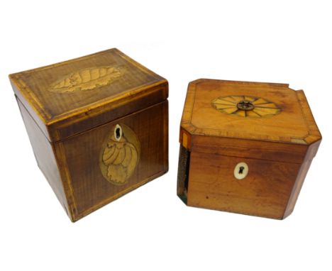 George III mahogany Sheraton style crossbanded tea caddy the hinged top and front boldly inlaid with shell oval patera, H12cm
