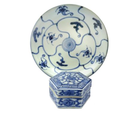 Chinese Tek Sing Cargo blue and white lotus design saucer (D15cm) with Nauticalia certificate and hexagonal box and cover (2)