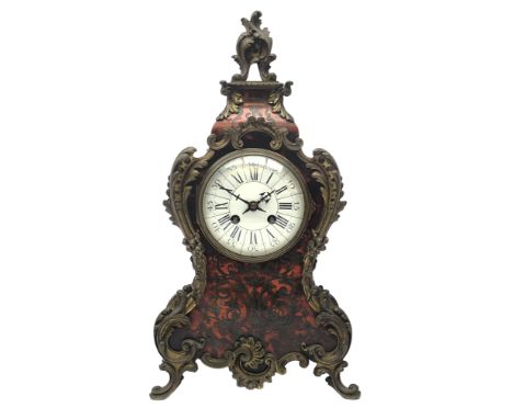 Early 20th century red tortoiseshell, Boule and ormolu mounted mantel clock white enamel convex Roman dial with Arabic five m
