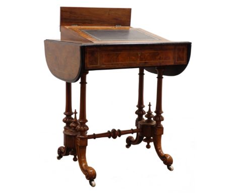 Victorian figured boxwood strung walnut fall leaf writing table, the inset leather slope top with hinged stationary compartme