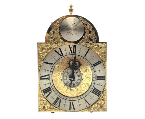 Small 18th century style Suffolk Alarm type brass lantern clock, engraved dial with cast spandrels, silvered Roman chapter an