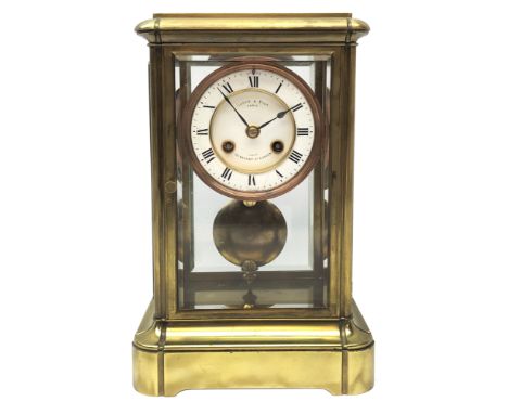 Late 19th century brass four glass mantle clock, white Roman dial inscribed LEROY & FILS Depot, 211 Regent St.London, twin tr