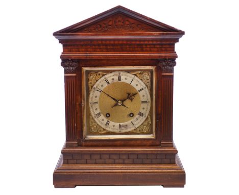 Edwardian walnut Architectural cased mantel clock, square brass dial with silvered Roman chapter,  twin train W&H movement qu