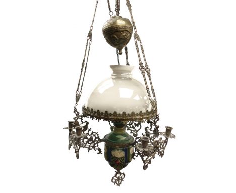 Dutch rise and fall brass ceiling light, cast with figures and foliate scrolls to six candle sconces, central oil lamp with M