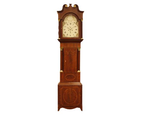 19th century rosewood cross banded and boxwood strung mahogany long case clock, with swan neck pediment, inlaid ovals and lan