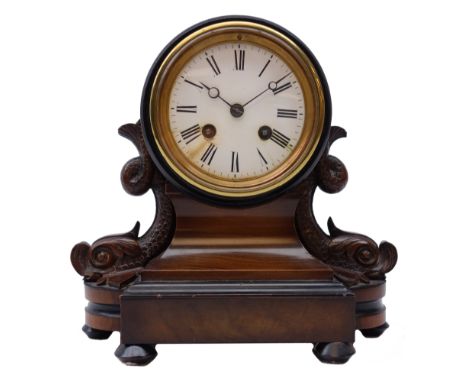 Victorian walnut and ebony mantel clock,  white Roman drum head dial with carved sea beast supports, twin train L Marti movem