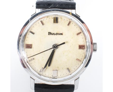 A vintage gentleman's Bulova wristwatch, the dial with batons denoting hours, on a later leather strap, number 1_595677, dial