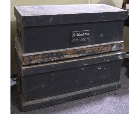 Two early 20th century workman's tools chests, complete with internal trap and some tools, stamped 'R. Sladden', each 87cm x 