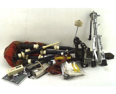 A 20th century set of bagpipes and a selection of musical related wares, including a Hohner marine band mouth organ, no 1896 