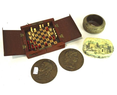 Assorted collectables, to include a vintage travelling chess set, two metals plaques, Russian lacquer box and a dish