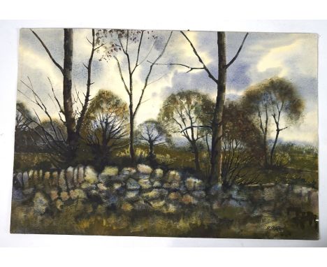 R. Slater landscape watercolour painting on paper, inscribed verso Stone Wall &amp; Trees, signed lower right, 38cm x 56cm