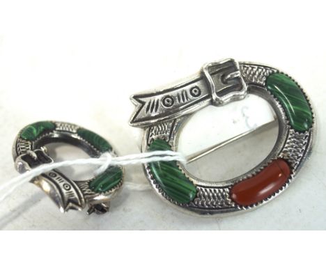 Two vintage Scottish silver brooches, each in the form of buckles with agate set details, both stamped 925