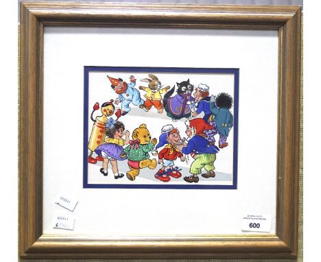 A vintage hand painted Noddy artwork showing characters from toy town, unknown artist, framed and glazed, artwork itself 14.5
