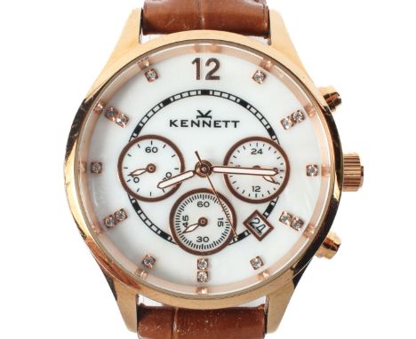 A contemporary Kennet quartz chronograph wristwatch, the mother of pearl dial with white stone set hour markers, on leather s