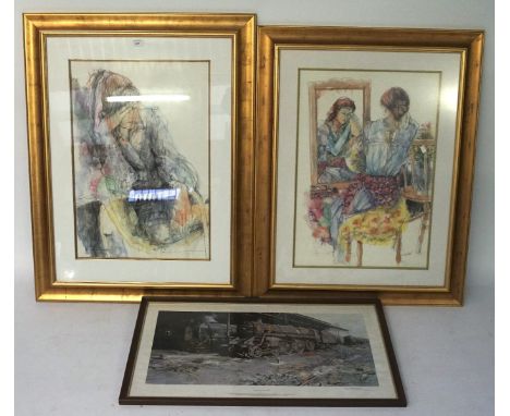 Three pictures including two of a young girl, framed measurements 107cm x 83cm, and a signed David  Shepherd print of 'Nine E