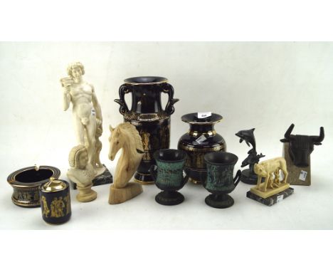 Assorted collectables, to include a bronzed bust of a bison, pair Greek ceramic urns, Colibri table lighter and more