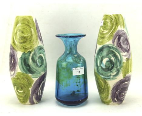 A pair of 1960's West German starlet vases and a blue Mdina glass vase, the first with swirling pattern of green, blue and pu