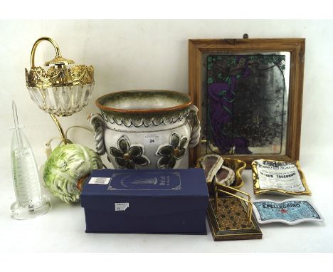A variety of collectables including a gilt and glass table lamp, a Moet &amp; Chandon advertising mirror, a ceramic cabbage, 