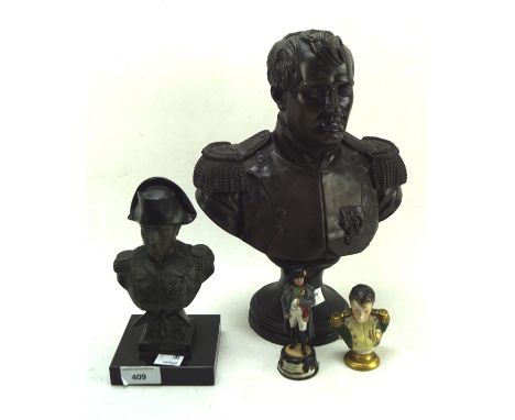 Four Napoleon models including a large resin bust marked Damitie 1892.1, height 33.5cm, a smaller spelter bust on a plinth a 