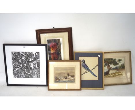 Five paintings and signed prints comprising thre watercolours, a print of koalas, and a signed limited edition of a cockeral,