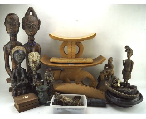 A collection of wood, metal and ceramic ethnographical items including seated and standing figures, maximum height 66.5cm, bo