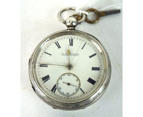 A open face silver pocket watch, white enamel dial with Roman numerals and a subsidary seconds dial, marked 'W. H. Edmunds, A