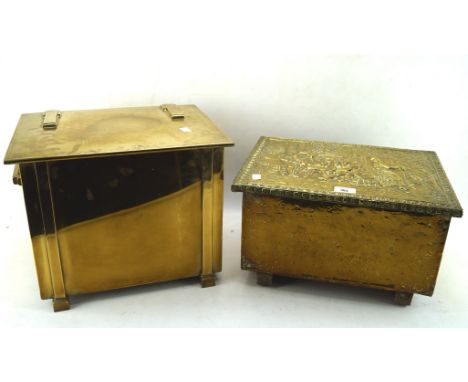 An Art Deco brass fire box and another embossed to the lid with figures around a table, the first 30cm x 39cm x 30cm