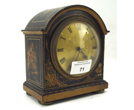A small mantle clock with domed lid with Chinoiserie lacquer decoration, movement marked France, height 14.5cm