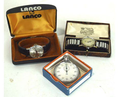 Three vintage watches, comprising a Mews Turler, Lanco 'Sport' and a boxed Smiths stopwatch. 