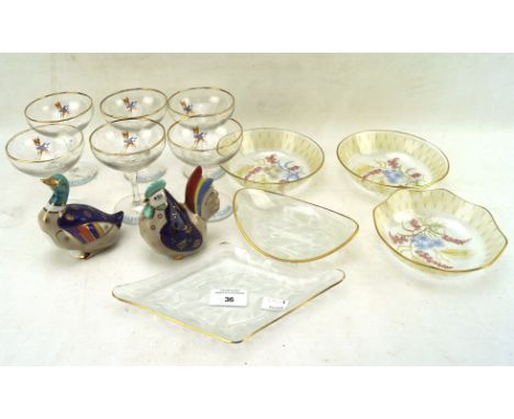 A groupf of glass and ceramic collectables including six Babycham glasses, dishes, and a ceramic duck and chicken