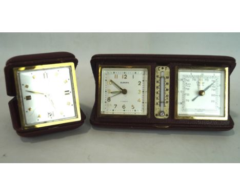 Two vintage travel clocks, one a Tempora within a red leather case, the other a Europa in a fitted case together with a match
