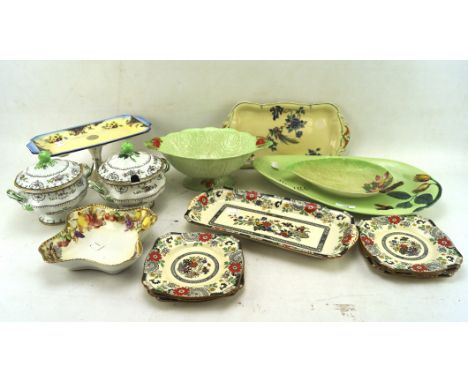 A collection of assorted ceramics, to include a Dresden dish, two Copeland Spode Chelsea pattern tureens and more