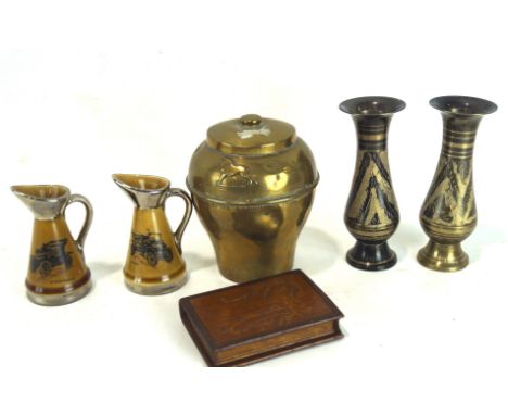 An assortment of 20th century collectables, including a brass Liptons tea caddy, cigarette case modelled as a book, a pair of